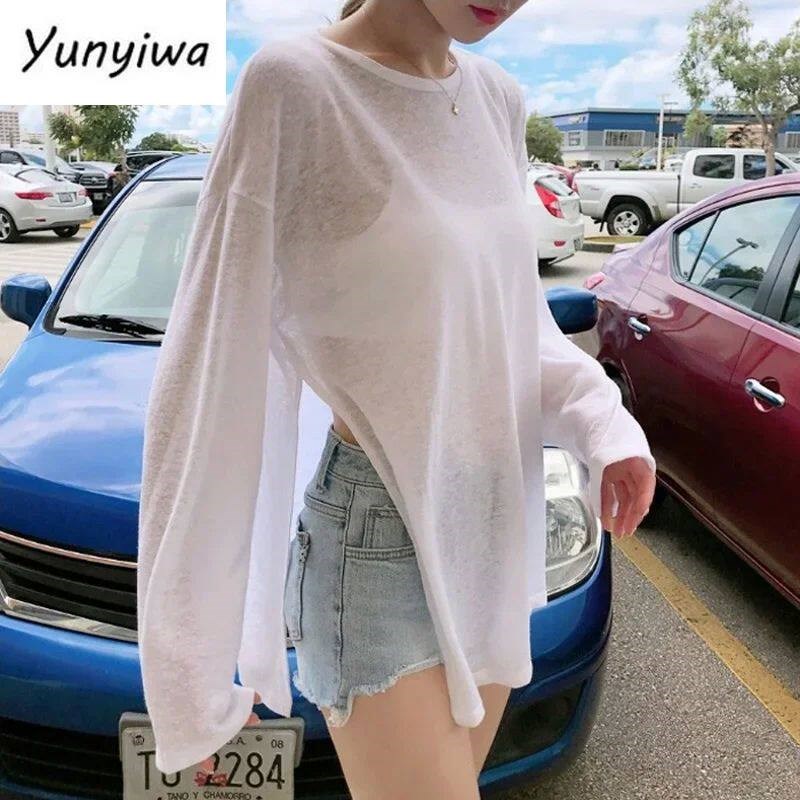 Summer Tshirt Women Beach Thin See Through Oversize Tees Kor图片
