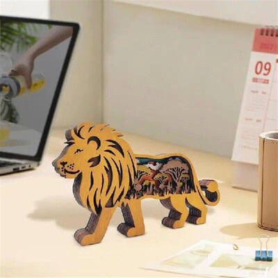 Animal Wood Carving Lamp Lion Statues With Lights