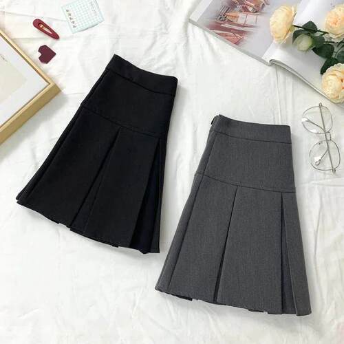 Vintage Gray Pleated Skirt Women Kawaii High Waist Mini Skir