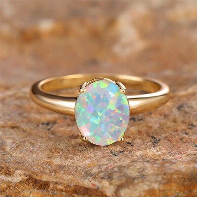 Big Oval Stone Engagement Ring White Fire Opal Egg Rings For