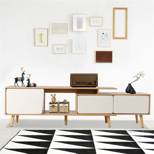 Adjustable Length TV Stand with Storage Cabinets Wood Grain