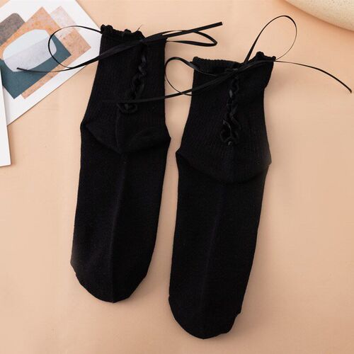 Laceup Socks for Women Solid Black White Midcalf with Heel S
