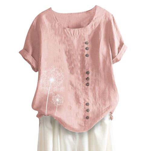 spring Fashion Linen Dandelion Print Blouse Casual Button Lo