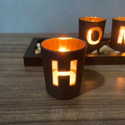 Hot Hollow Candlestick Wooden HOME Letter Creative Set