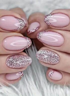 24Pcs+Almond+Glitter+False+Nails+Short+Full+Finished+Round+H