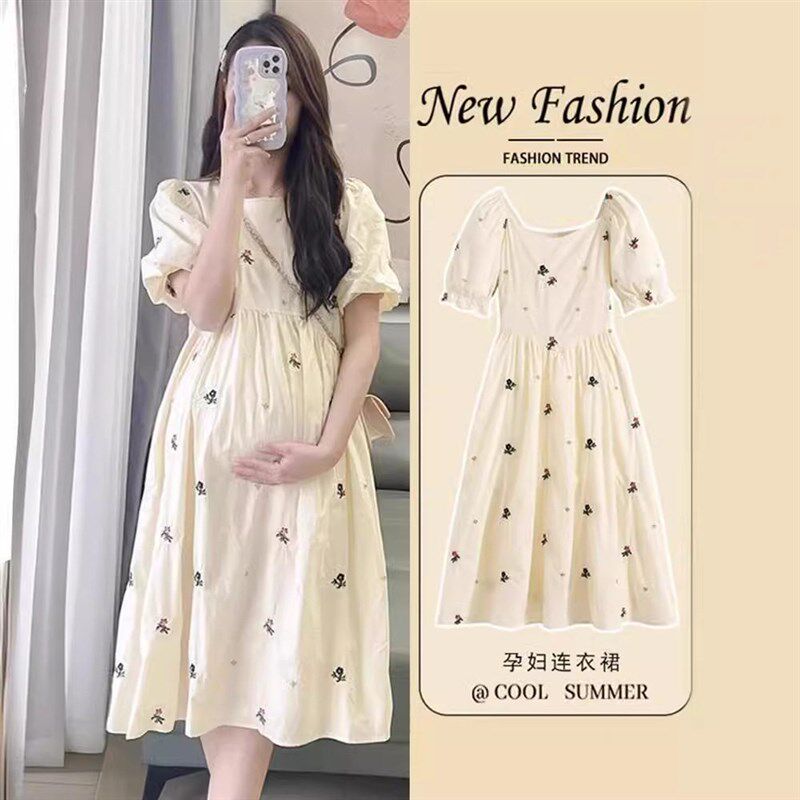 Maternity Dress 2024 Fashionable French Puff Sleeve Floral S图片