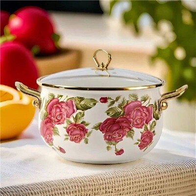 Enamel Pot Soup With Lid Red Rose Enamel Pot Double Handle
