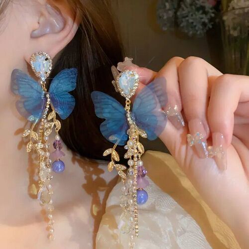 Blue Butterfly Drop Earring For Women Imitation Pearl Crysta
