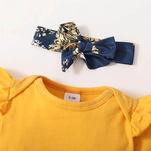 3Pcs Clothes Set Baby Girl Plain Color Ruffle Short Sleeves