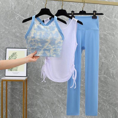 Yoga suit set, pleated yoga top, high waist yoga pants,