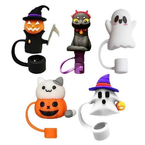 Halloween Cat Straw Cover 5pcs Cartoon Reusable Drinking