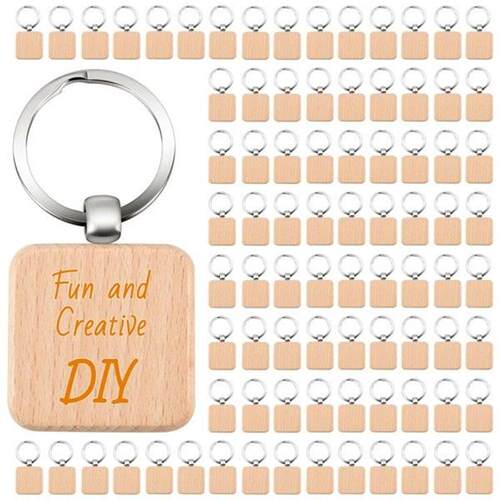 100Pcs DIY Blank Wooden Key Chain Square Carved Key Ring