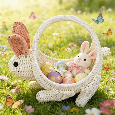 Easter Bunny Shape Basket Hand Woven Imitation Rattan Candie