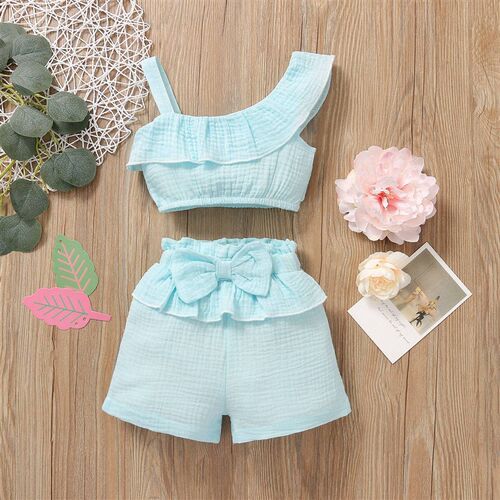 Summer Cute Baby Girls Clothes Sets One Shoulder Ruffles Top