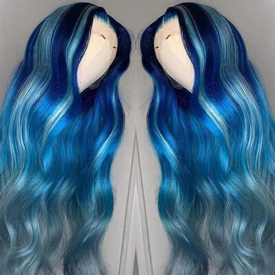 Long Soft  Straight  Blue Highlight  Wigs For Women  Water W