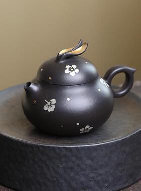 兴紫壶砂黑泥兔子描壶创意中式茶102264兔壶描金银茶具宜厂家