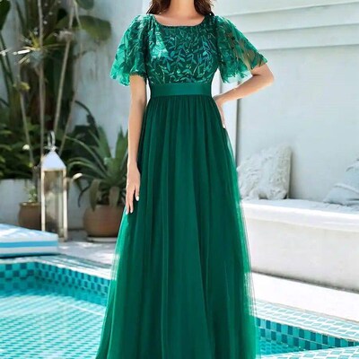 2023 New Womens Burgundy A-Line Sequin Mesh Leaf Maxi Prom