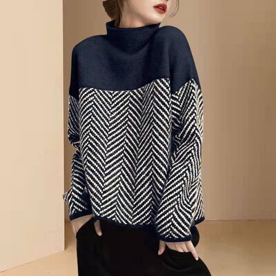 Vintage lor-block Mock Knitted Sweater 2025 Loose Lazy Style