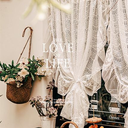 法式田园洛可可白色梦幻帘蕾丝纱帘阳台飘窗窗帘免打孔隔断半截帘