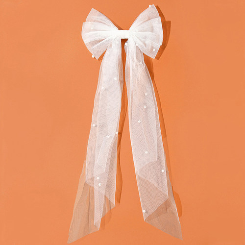 New Long Ribbon Mesh Bow Hair Clips Elegant Imitation Pearls