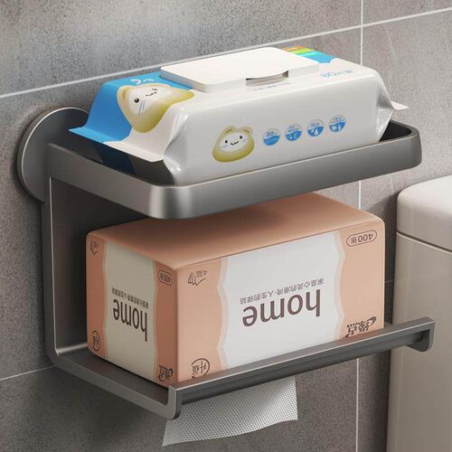 Wall-mounted toilet paper holder and storage shelf, no drill