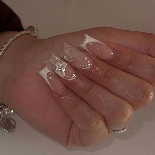 24Pcs Long Ballet False Nails with Bow Designs Pink Coffin P