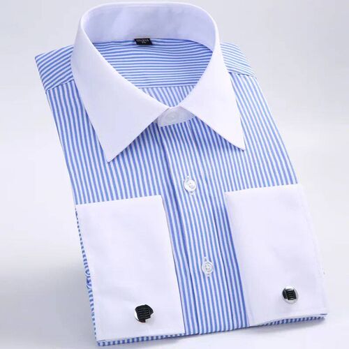 Mens Classic French Cuffs Striped Dress Shirt Single Patch