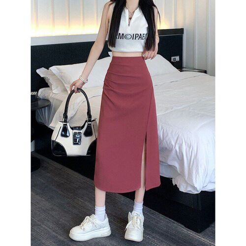 High Waist Drape Skirt Retro Slit MidLength Skirt for Petite