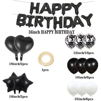 Black Happy Birthday Number Foil Balloons Adult Kids Party D