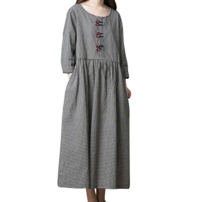 Japanese Style Linen Long Sleeve Checked Dresses For Women