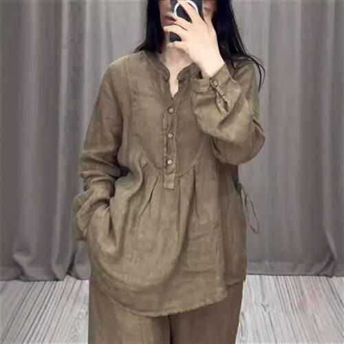 long-sleeved fashion wide-leg cotton linen placket pleated