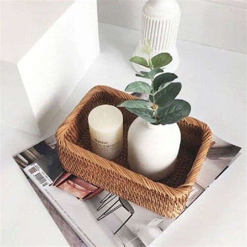 Hand-Woven Rectangular Rattan Wicker Basket Fruit Tea Snack