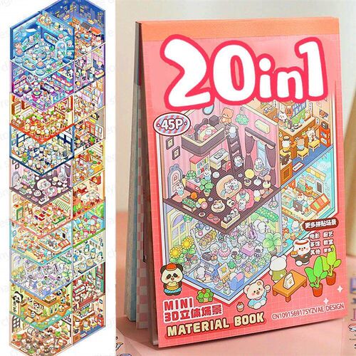 20Pcs 20in1 Cartoon Landscape Sticker Book DIY 3D Pocket Cab