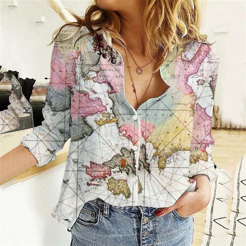 Womens Lapel Button Shirt World Map Print Long Sleeve