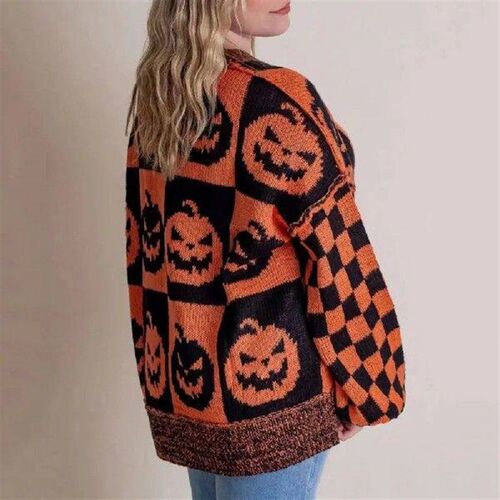 Women Knitted Sweater Spooky Pumpkin Ghost Plaid Sweater