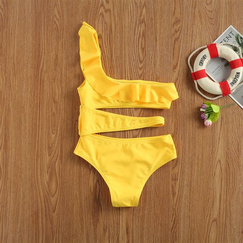Girls Oblique Shoulder Hollow Out Swimsuit Summer Kids Yel