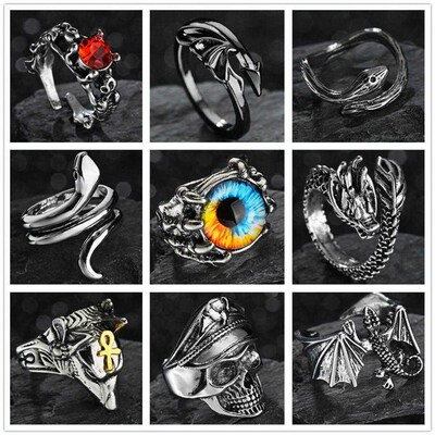 Retro Punk Skull Wolf Dragon Snake Ring for Men Women Openi
