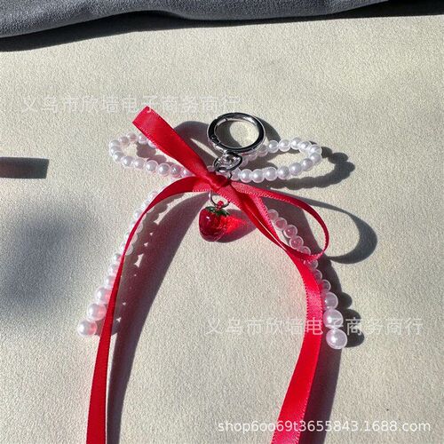 Sweet Cool Korean Red Ribbon Imitation Pearl Bow Tie Strawbe