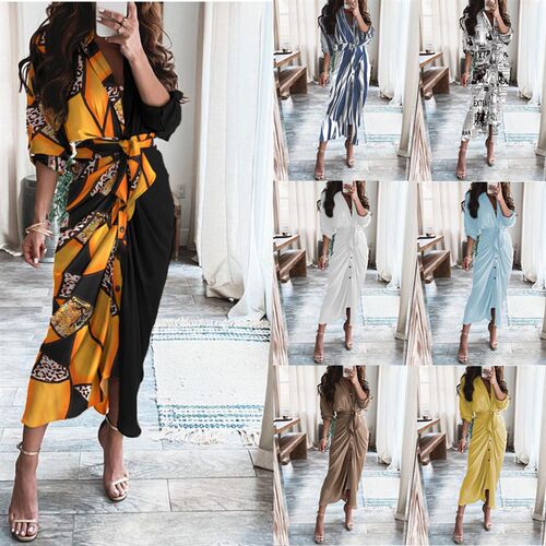 Autumn Beach V-Neck Print Slim Boho Dress Women Fashion