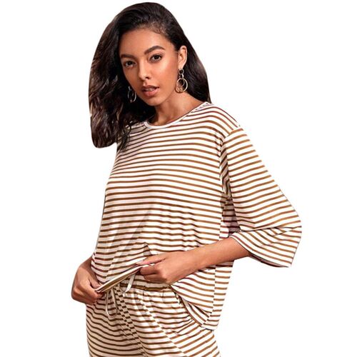 2025 Womens Round Neck Base Shirt Loose Home Casual Striped