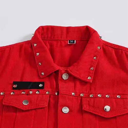 rendy Mens Denim Vest Korean Slim Fit Red Waistcoat Rivet o