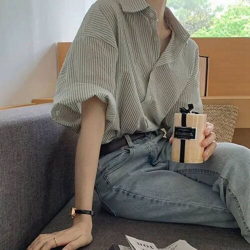 Deeptown Elegant and Youth Woman Blouses Striped Green Shirt