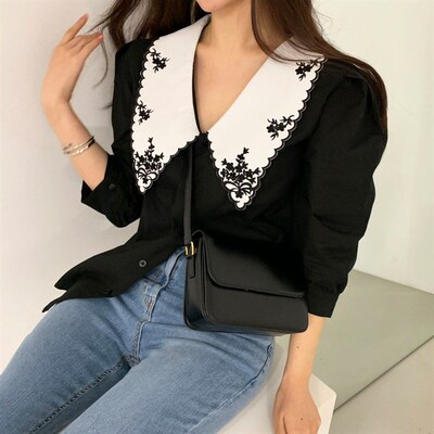 Korean Chic Retro Design Lapel Black Blusas Women Casual
