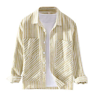 9330 Men Striped Shirt Cotton Linen Fabric Japan Style Simp