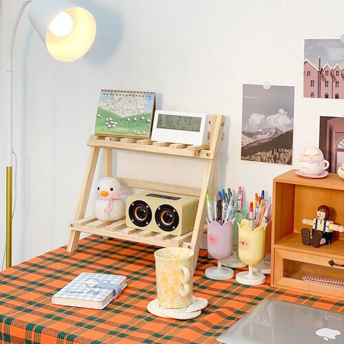 Double Layer Adjustable Wooden Bookshelf Stationery Organize