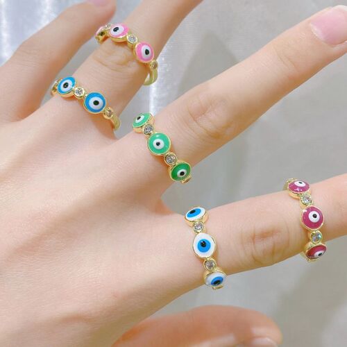 Lucky Turkish Evil Eye Ring For Women Open Rainbow Crystal E