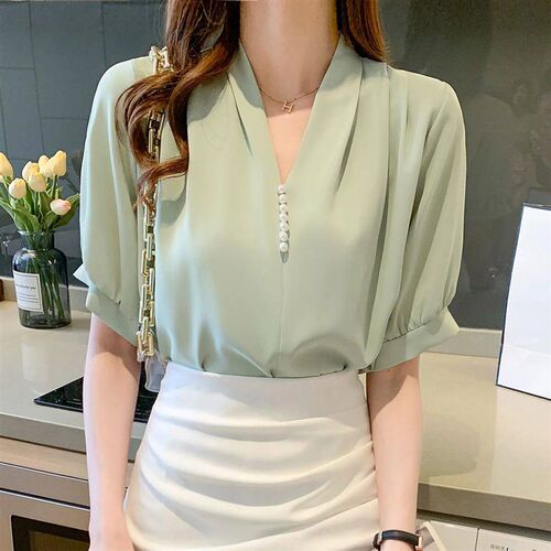 Fashion Beading Puff Short Sleeve V-Neck Chiffon Shirt Women