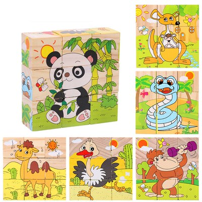 Baby Wooden Blocks Toys Children Six Side Cube Jigsaw Puzzle