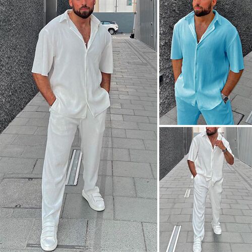 Mens Casual Loose Beach Suit Solid lor Striped Short Sleeve