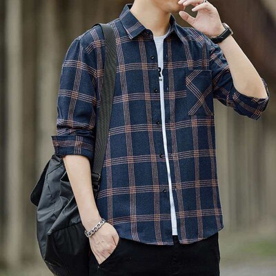 New Autumn Plaid Long-sleeved Shirt Mens Slim-fit Fashionab